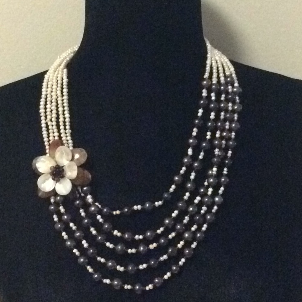 Five Strand Faux Beaded Pearl Necklace